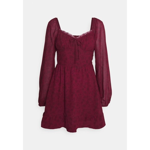 Hollister Dresses & Skirts - Hollister Burgundy Black Floral Babydoll Mini Dress Fairy Grunge Whimsy Goth